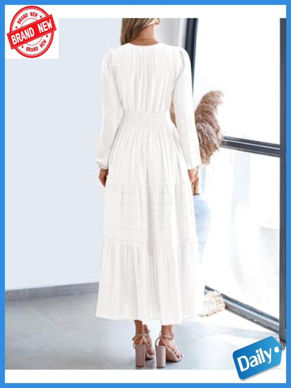 Long Sleeve V Neck Maxi Dress with Pockets Elastic Waist Tiered Ruffle A-Line - Picture 2 of 6